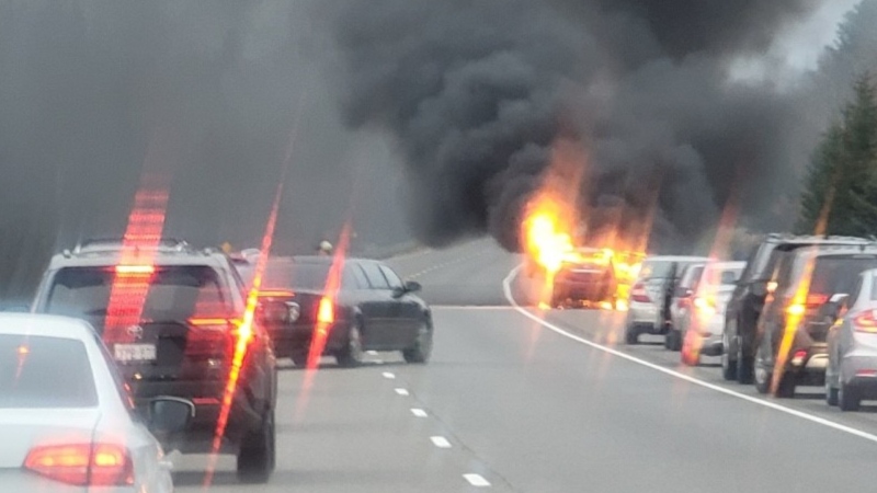 A car burst into flames on Highway 416 northbound near Oxford Station, Ont. on Sunday, Nov. 14, 2021. (CTV viewer photo)