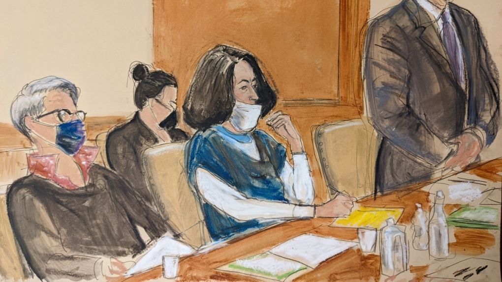 Courtroom sketch of Ghislaine Maxwell, centre