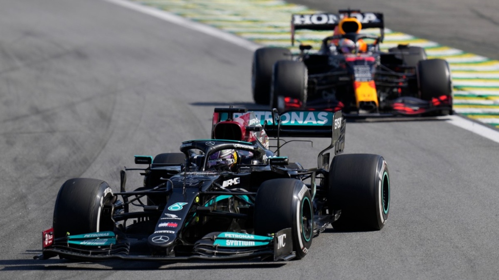 Lewis Hamilton, Max Verstappen racing in Brazil
