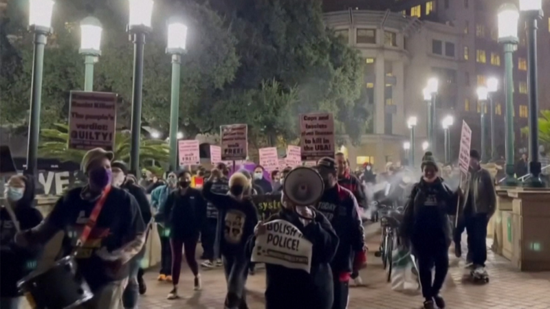 This picture from a video shows a protest in Oakland, Calif., as demonstrators rallied to protest the acquittal of Kyle Rittenhouse on Nov.19