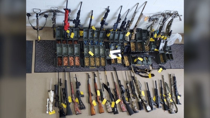 OPP say they seized 29 long guns, a handgun and other items while executing a search warrant in South Stormont. (OPP)