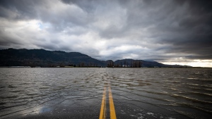Floodwaters cover a road that runs through farmland in Abbotsford, B.C., Tuesday, Nov. 23, 2021. THE CANADIAN PRESS/Darryl Dyck 