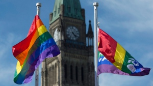 The pride flags fly on Parliament Hill following a ceremony with Prime Minister Justin Trudeau in Ottawa, Wednesday June 14, 2017. THE CANADIAN PRESS/Adrian Wyld 