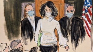 In this courtroom sketch, Ghislaine Maxwell enters the courtroom escorted by U.S. Marshalls at the start of her trial, Monday, Nov. 29, 2021, in New York. (AP Photo/Elizabeth Williams)