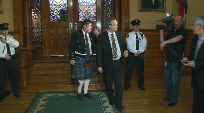 Progressive Conservative MPPs Bill Murdoch (left) and Randy Hillier leave the legislative chamber on Wednesday, Dec. 2, 2009 after ending their HST sit-in protest.