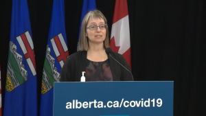 Alberta Chief Medical Officer of Health Dr. Deena Hinshaw address media during a provincial pandemic update on Nov. 29, 2021. 