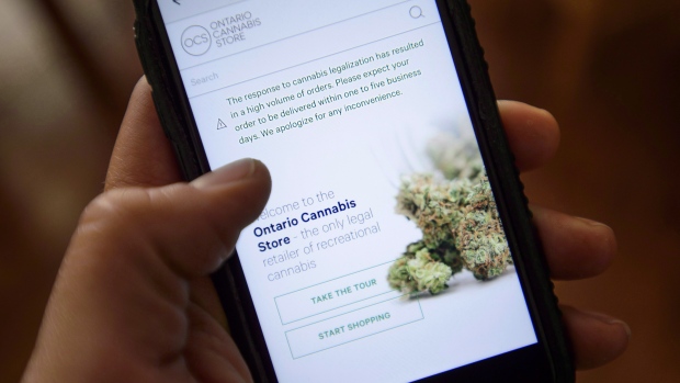 In this file photo, the Ontario Cannabis Store website is pictured on a mobile phone in Ottawa on October 18, 2018. THE CANADIAN PRESS/Sean Kilpatrick 