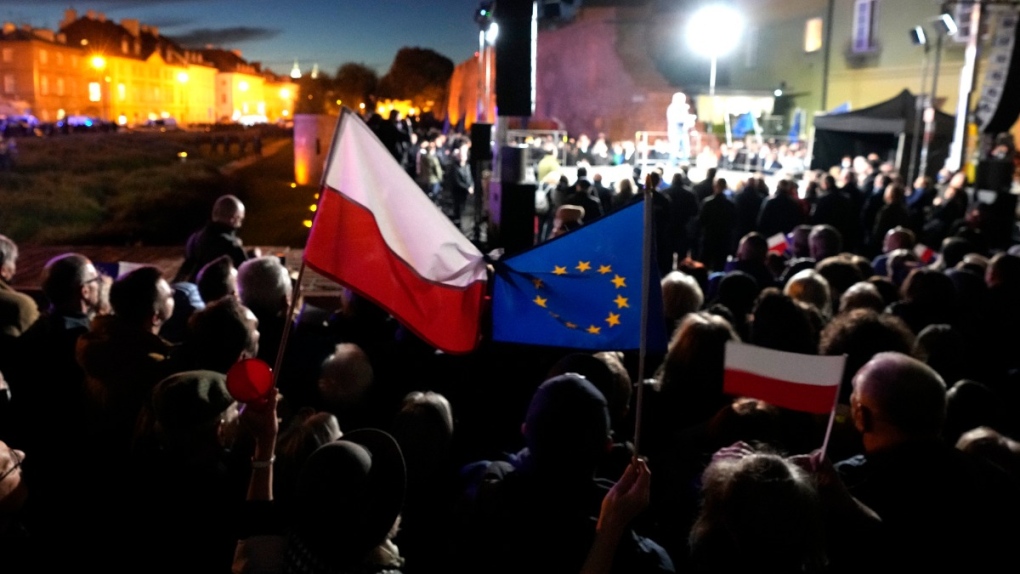 EU and Polish flags in Warsaw
