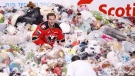 Thousands of teddy bears are tossed onto the ice, triggered by the home team's first goal, for the 24th annual Teddy Bear Toss for charity during WHL (Western Hockey League) hockey action between the Kamloops Blazers and Calgary Hitmen in Calgary, Alberta on Sunday, Dec. 9, 2018. Calgary goal scorer Kaden Elder buries himself under teddy bears piling up on the ice. (THE CANADIAN PRESS/Larry MacDougal)