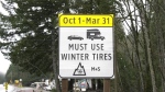 Winter tire sign on the Trans-Canada Highway in Langford, B.C., as seen on Dec. 13, 2021. (CTV News)