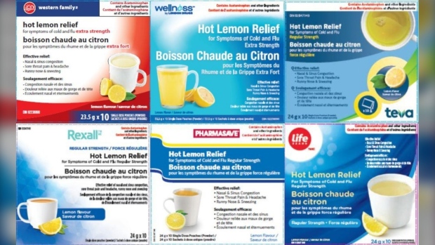 The recalled products come in pouches of dissolvable powder and have been available over the counter for adults and children 12 years of age or older. They're sold under several pharmacy store brands, such as Biomedic, Pharmasave, Rexall, Teva, Life Brand and Western Family. (Health Canada)