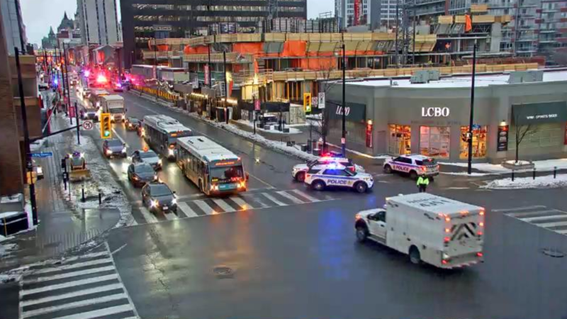 Police have closed a section of Rideau Street after a downtown shooting Wednesday morning. (City of Ottawa traffic camera)