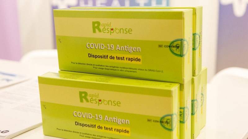 Free COVID-19 rapid antigen test kits are ready for distribution at a pop-up site in Toronto's Yorkdale Shopping Mall on Dec. 16, 2021. (THE CANADIAN PRESS/Chris Young)