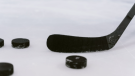 A stock image of a hockey stick and some pucks (Pexels/Tima Miroshnichenko)