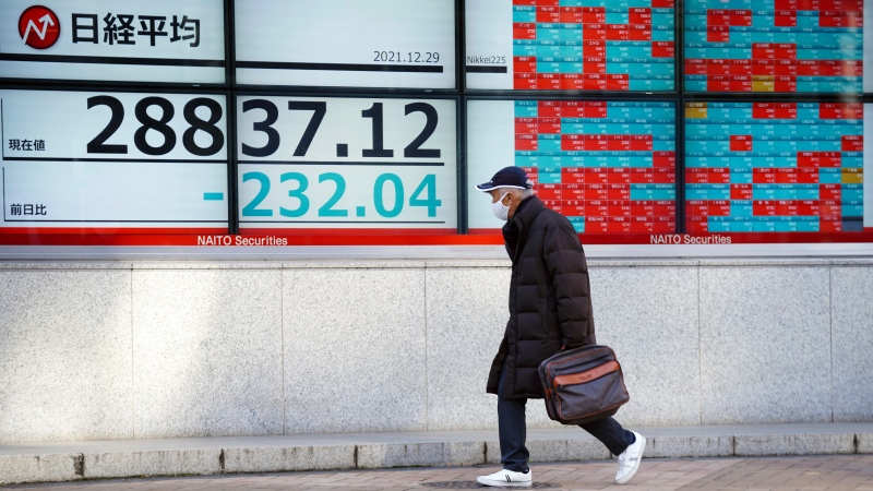 A man walks in front of an electronic stock board showing Japan's Nikkei 225 index at a securities firm Wednesday, Dec. 29, 2021, in Tokyo. (AP Photo/Eugene Hoshiko) 