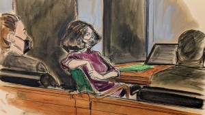 In this courtroom sketch, Ghislaine Maxwell, centre, sits in the courtroom during a discussion about a note from the jury, during her sex trafficking trial, Wednesday, Dec. 29, 2021, in New York. (AP Photo/Elizabeth Williams) 
