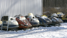 Vintage snowmobiles are scattered about the property of Retrosledz, in Delta, Ont. (Nate Vandermeer/CTV News Ottawa)