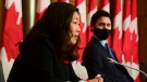 Minister of Small Business, Export Promotion and International Trade Mary Ng talks as Prime Minister Justin Trudeau looks on as they provide an update during the COVID pandemic in Ottawa on Tuesday, Nov. 3, 2020. THE CANADIAN PRESS/Sean Kilpatrick