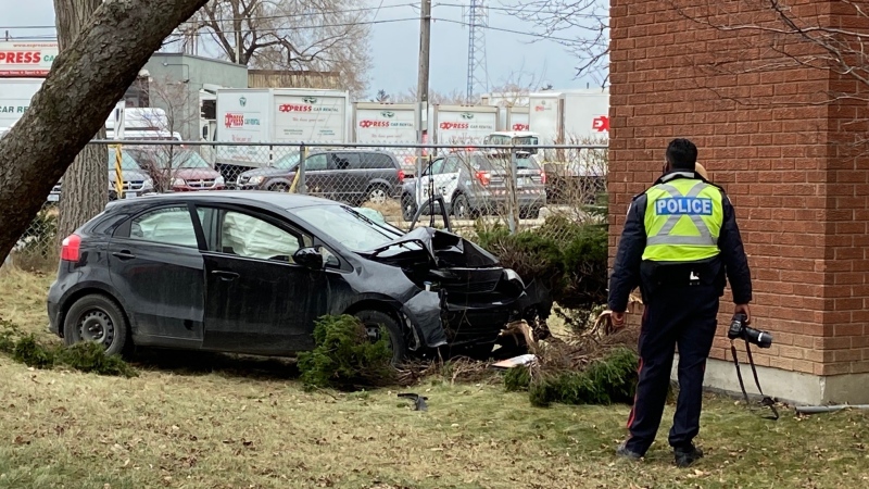 A man is in hospital with serious injuries after a car crashed into a church in North York on Wednesday afternoon. (Courtesy: Tristan Phillips)