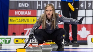 Team Homan's Rachel Homan instructs her team against Team McCarville during Draw 3 of the 2021 Canadian Olympic curling trials in Saskatoon, Sunday, November 21, 2021. THE CANADIAN PRESS/Liam Richards 