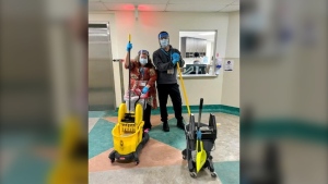 The Timmins and District Hospital Foundation team is lending helping hands to keep the main promenade clean when the hospital is short on employees due to COVID-19. (Submitted photo)