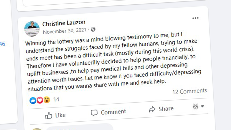The B.C. Lottery Corporation has confirmed a Facebook page claiming to belong to recent Lotto Max jackpot winner Christine Lauzon is fake. 