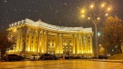 In this undated handout photo released by the Ukrainian Foreign Ministry Press Service, the building of the Ukrainian Foreign Ministry is seen during snowfall in Kyiv, Ukraine. (Ukrainian Foreign Ministry Press Service via AP)