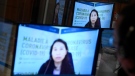 The videoconference feed of Chief Public Health Officer of Canada Dr. Theresa Tam is seen in a interpreter’s booth during a news conference on the COVID-19 pandemic and the omicron variant, in Ottawa, on Friday, Dec. 17, 2021. THE CANADIAN PRESS/Justin Tang