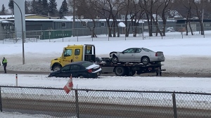 A crash on the Sid Buckwold Bridge is pictured Jan. 14, 2022. (Lisa Ford Clewes/CTV News)