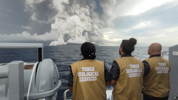 The Tongan Geological Services observe the plume of ash and smoke from the Hunga Tonga volcano. (Tongan Geological Services/Facebook)