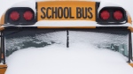 FILE- A school bus sits idle after winter conditions suspended the school transportation service in Toronto on Tuesday, February 16, 2021, on the first day of the return to in-school learning following a break due to COVID restrictions.THE CANADIAN PRESS/Chris Young 