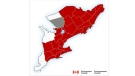 Environment Canada snowfall warnings (in red) for many parts of southern Ontario on Monday, Jan. 17, 2022. (Courtesy Environment Canada)