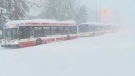 Buses try to navigate snow-filled streets in the city during a winter storm on Monday, Jan. 17, 2021.