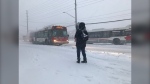 A person waits for the bus in Ottawa on the morning of Monday, Jan. 17, 2022. Environment Canada is calling for up to 40 cm of snow in the capital. (Jim O'Grady/CTV News Ottawa)