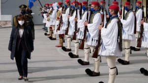 Greek President Katerina Sakellaropoulou attends a celebration held by the presidential guard in Athens, Greece, on Jan. 17. 2022. (Thanassis Stavrakis / AP) 