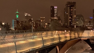 Calgary's skyline can be seen on a cold winter evening. 