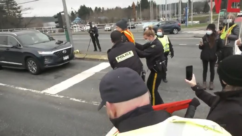 Three activists were arrested minutes after stopping southbound traffic along Terminal Avenue in Nanaimo, B.C., on Jan. 17, 2022. (CTV News)