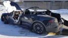 A Tesla caught fire on King Street in Tiverton on Jan. 14, 2022. (Source: OPP)