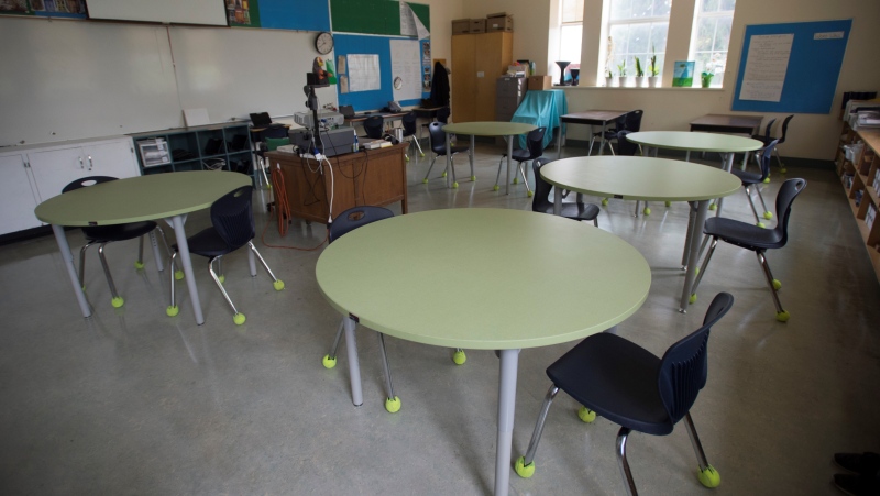 A cleaned classroom is seen during a media tour of Hastings Elementary School in Vancouver, Wednesday, Sept. 2, 2020. (Jonathan Hayward / THE CANADIAN PRESS)