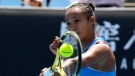 Leylah Fernandez of Canada plays a forehand return to Maddison Inglis of Australia during their first-round match at the Australian Open in Melbourne, Australia, on Jan. 18, 2022. (AP Photo/Simon Baker)