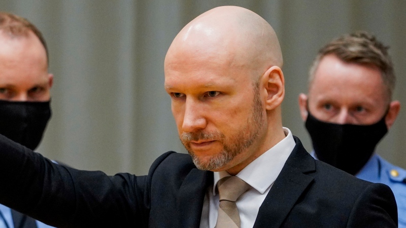 Norwegian mass killer Anders Behring Breivik arrives in court on the first day of a hearing where he is seeking parole, in Skien, Norway, Tuesday, Jan. 18, 2022. (Ole Berg-Rusten/NTB scanpix via AP) 