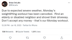Bethel Park head football coach Brian DeLallo tweeted to his players that Monday's weightlifting workout was cancelled due to the expected severe weather and to help others shovel their driveway instead. (@BDeLallo/Twitter/KDKA/CNN)