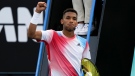 Felix Auger-Aliassime of Canada celebrates after defeating Emil Ruusuvuori of Finland in their first round match at the Australian Open tennis championships in Melbourne, Australia, Tuesday, Jan. 18, 2022. (AP Photo/Simon Baker)
