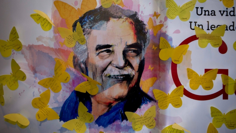 A placard of Nobel Prize-winning novelist Gabriel Garcia Marquez is surrounded by yellow butterfly cutouts with messages, placed there by fans, at a bookstore in Mexico City, on April 17, 2015. (Eduardo Verdugo / AP) 