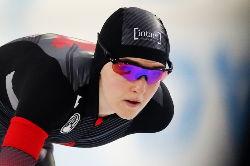 Canada's Heather Mclean competes during the women's 500 meters race of the World Cup Speedskating at the Thialf ice arena in Heerenveen, northern Netherlands, Saturday, Jan. 23, 2021. (AP Photo/Peter Dejong)