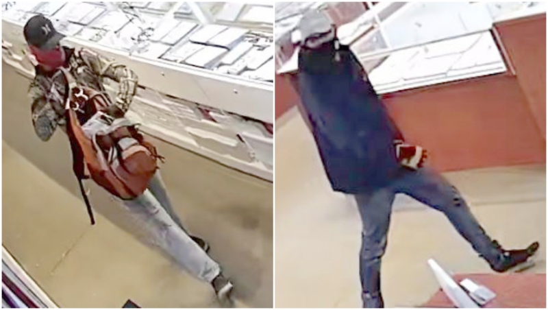 RCMP released these photos of two suspects in a jewelry store robbery at CrossIron Mills Mall. (RCMP handout)