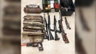 A search warrant for the residence was obtained, and after a search police discovered the shells of 10 to 12 catalytic converters; two intact catalytic converters; five loaded firearms, one of which was sawed off; illegal body armour and multiple offence related tools and weapons; and thousands of rounds of a variety of ammunition.