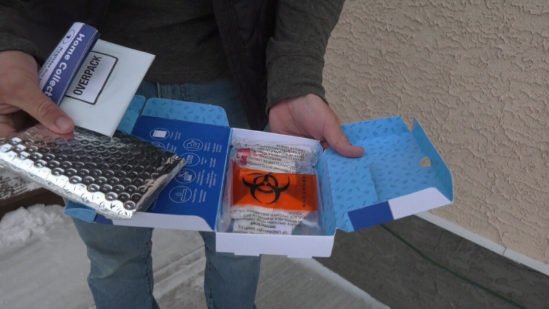A COVID-19 test kit received by Marcel Gaddie Jahnke to complete a randomly-selected follow up after returning from the United States. (Wayne Mantyka/CTV News)