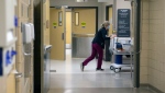 A nurse at Stormont Vail Health System pushes a hospital bed through hallways Wednesday, Nov. 18, 2020 in Topeka, Kan. (Evert Nelson/The Topeka Capital-Journal via AP)
