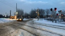 The site of a collision between a Via train and a vehicle on Perrot Blvd. North in Ile-Perrot on Wednesday, Jan. 19, 2022. (CTV News)